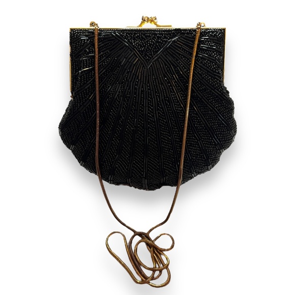 Hasting & Smith Black Beaded‎ Sequins Clamshell Evening Purse Gold Accents - Picture 1 of 8